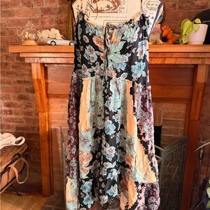 Free People Boho Patchwork Floral Mini Dress Tie Neck Flowing
